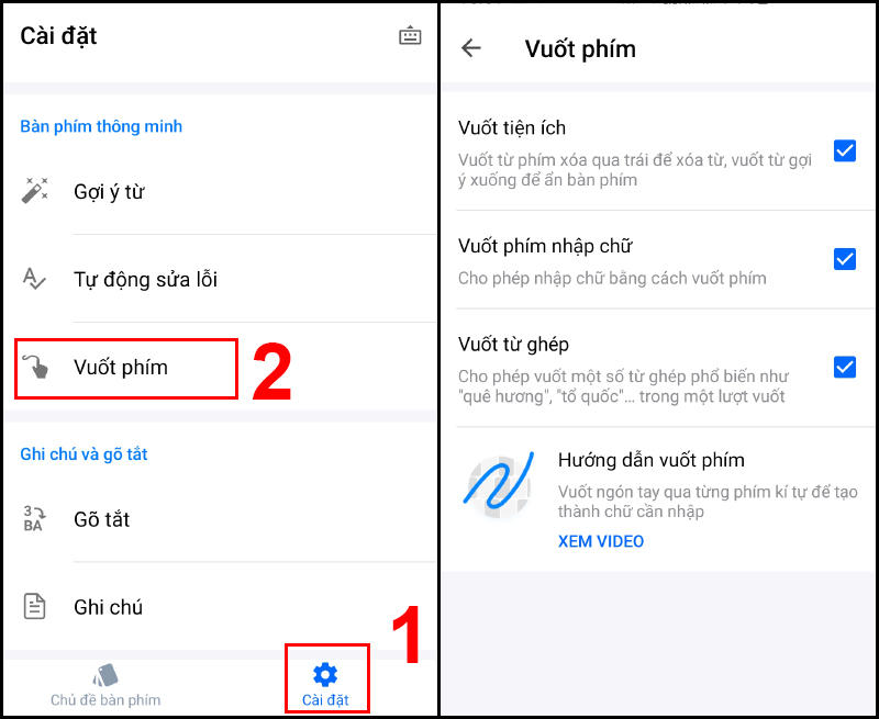 Giao diện tùy chỉnh Vuốt phím